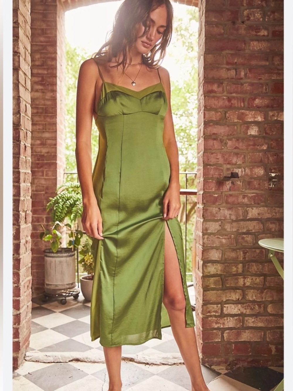 Free People City Cool Midi Slip Dress Green Small